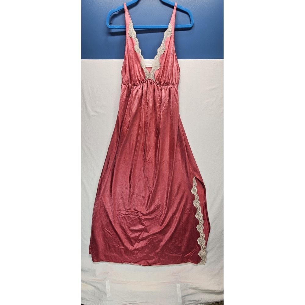 Vintage JCPenney Sleepwear Pink Satin Lace Nightgown Maxi Slip‎ Dress MW